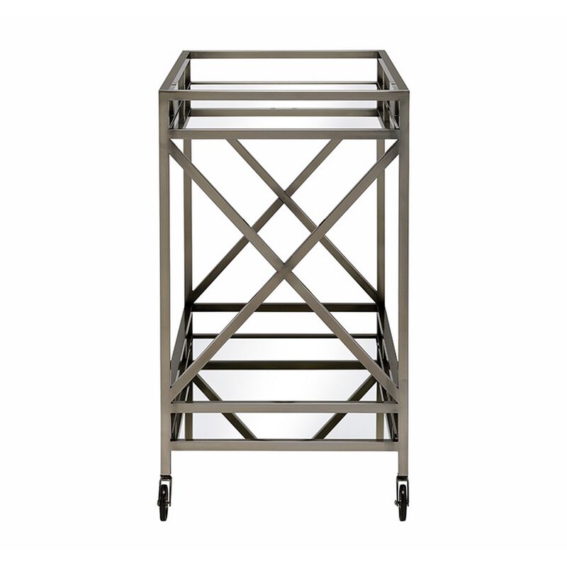 Metal Framed Two Tier Serving Cart with X Shaped Side Panels, Mirrored, Antique Gold-Benzara