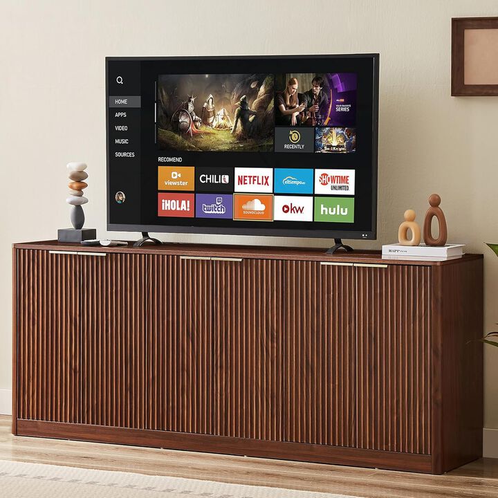 67" Walnut Fluted TV Stand with Storage,with Charging Station & Doors