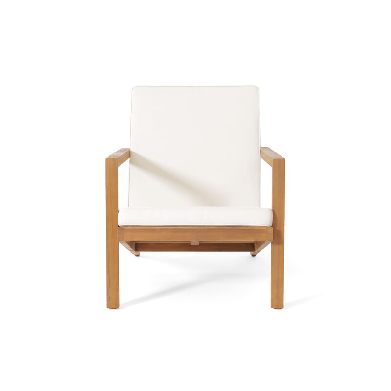 Liah Outdoor Patio Table Set, 2 Chairs, Brown Acacia Wood, Cream Polyester