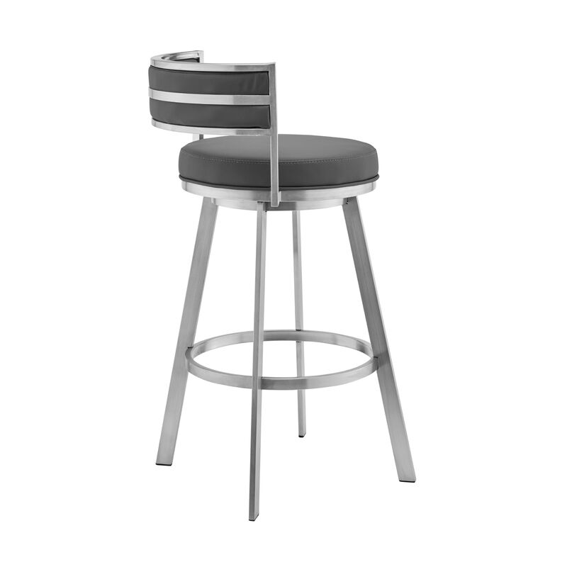 Roman  Gray Faux Leather and Brushed Stainless Steel Swivel Bar Stool