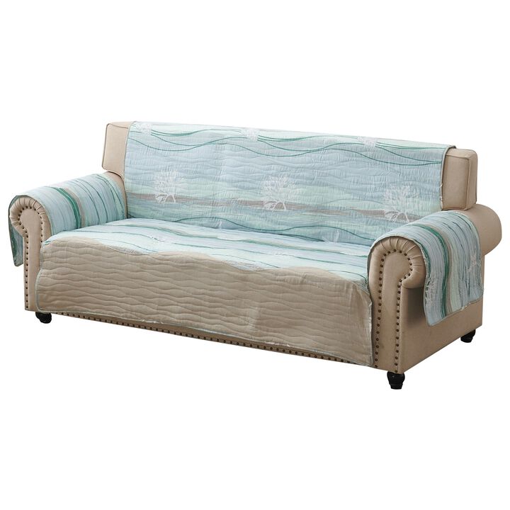 Niha 127 Inch Sofa Cover, Ocean Wave Print and Quilting, Border, Multicolor - Benzara