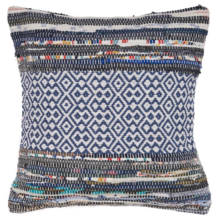 18" Blue and White Geometric Bohemian Square Throw Pillow