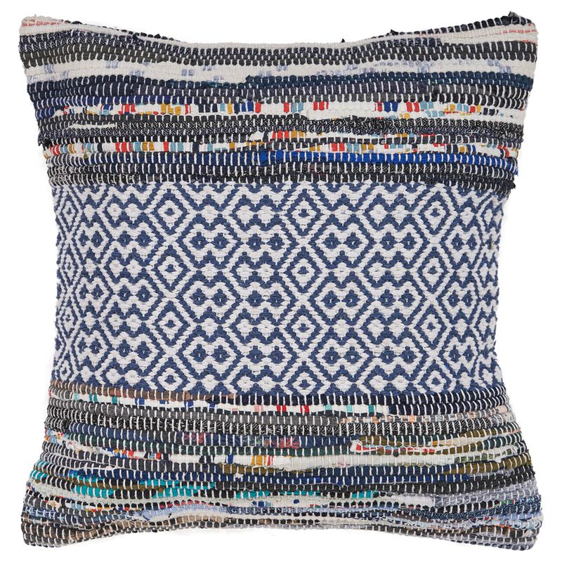18" Blue and White Geometric Bohemian Square Throw Pillow