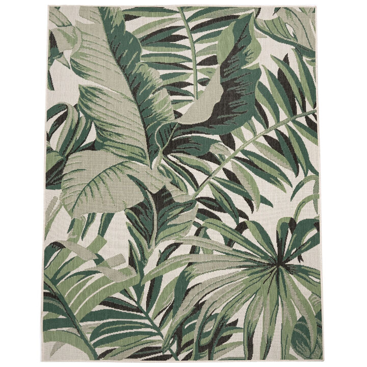 Green Beige Outdoor Rug with Tropical Palm Leaf Design for Patio