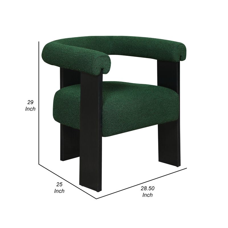 Cara Accent Chair, Curve Back, Green Boucle Fabric with Black Wood Legs - Benzara