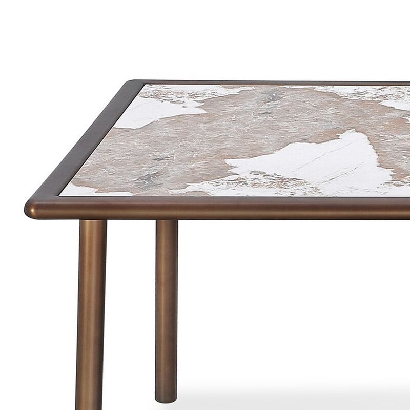 Zame 79 Inch Dining Table, Rectangular White Stone Top, Steel Legs, Bronze - Benzara