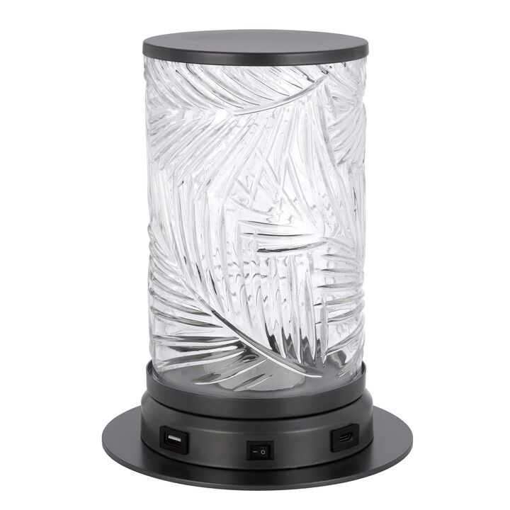 Hem 9 Inch Accent Lamp, LED, Leaf Pattern Glass Shade, Gray Metal Finish - Benzara
