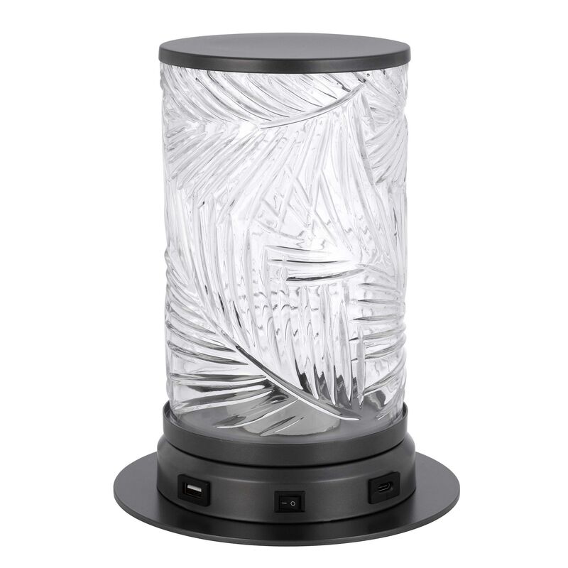 Hem 9 Inch Accent Lamp, LED, Leaf Pattern Glass Shade, Gray Metal Finish - Benzara