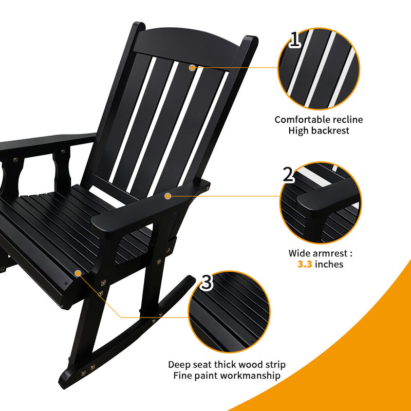 Wooden Rocking Chair with Comfortable Backrest Inclination, High Backrest and Deep Contoured Seat, Solid Fir Wood, Heavy Duty 600 LBS, for Both Outdoor and Indoor, Backyard, Porch and Patio Black