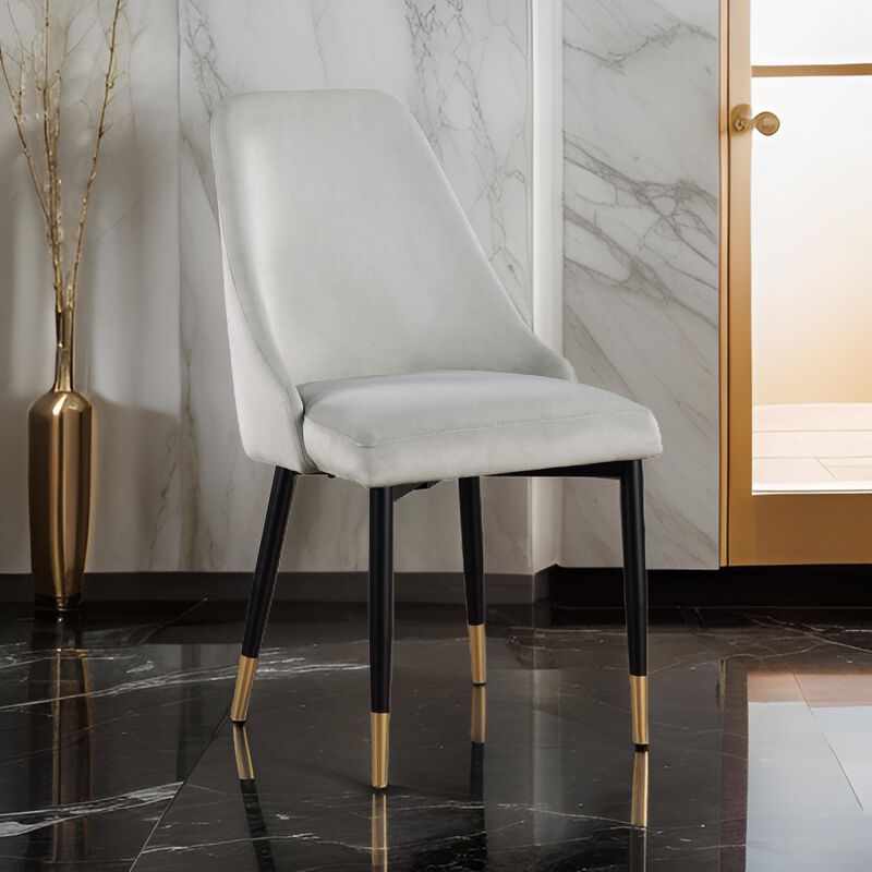 24 Inch Dining Chair, Set of 2, Light Gray Velvet, Tall Curved Back, Brass - Benzara