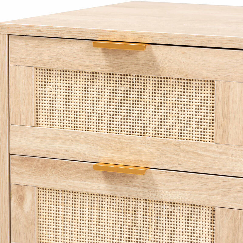 Baxton Studio Baird  Light Oak Brown Finished Wood and Rattan 2 Drawer End Table