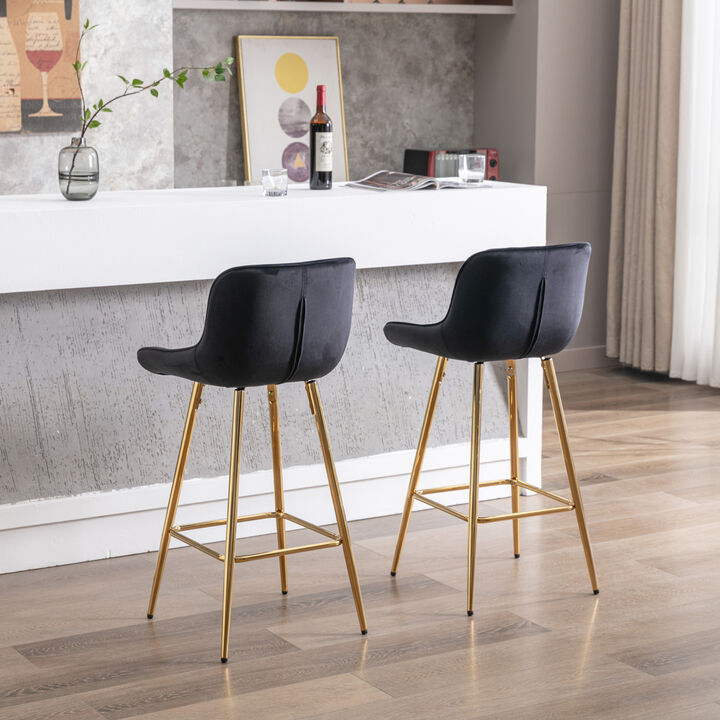 Set of 2 Bar Stools, with Chrome Footrest Velvet Fabric Counter Stool Golden Leg Simple Bar Stool