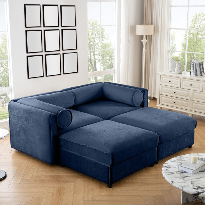 Merax Chenille Loveseat Sofa with 2 Ottomans and Hidden Storage