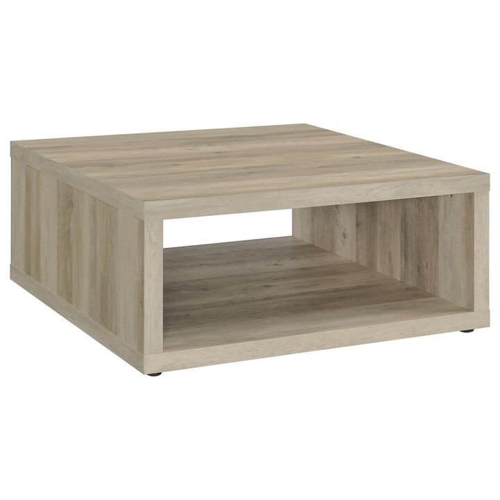 Rizz Coffee Table, Square Cube Design Open Shelf, 36 Inch Light Brown - Benzara