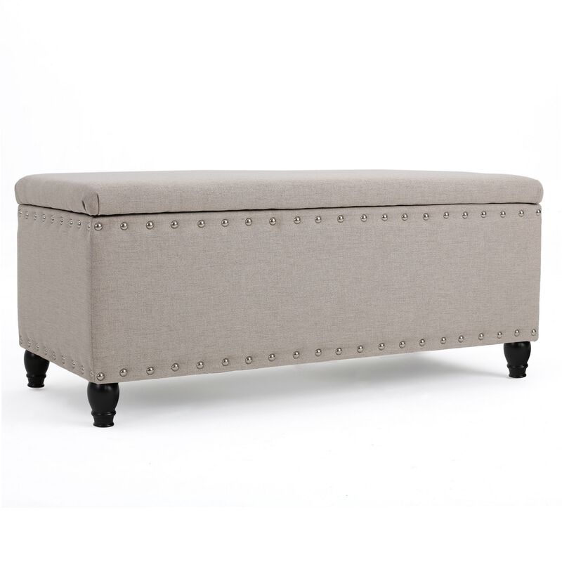 Sharon Storage Ottoman Bench, Beige Fabric, Nailhead Trim, 42 Inch -Benzara