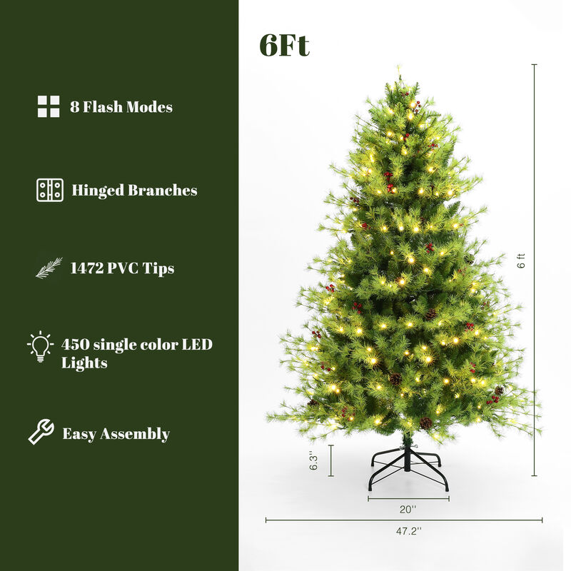 LuxenHome 6Ft Pre-Lit Green Full Artificial Pine Christmas Tree with 8 Light Functions