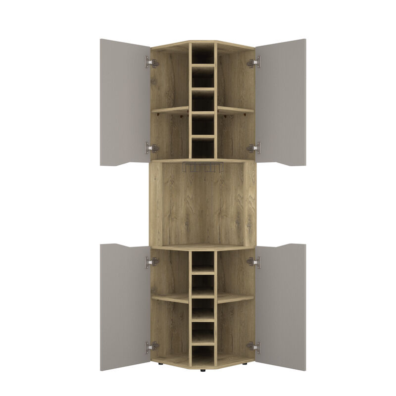 DEPOT E-SHOP Mecca Corner Bar Cabinet, Ten Built-in Wine Rack, Macadamia / Taupe
