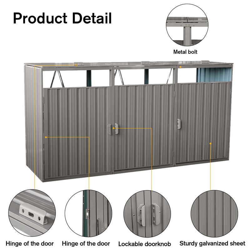 MONDAWE Garbage Bin Shed Stores 3 Trash Cans Metal Outdoor Bin Shed for Garbage Storage,Stainless Galvanized Steel, Bin Shed for Garden Yard Lawn