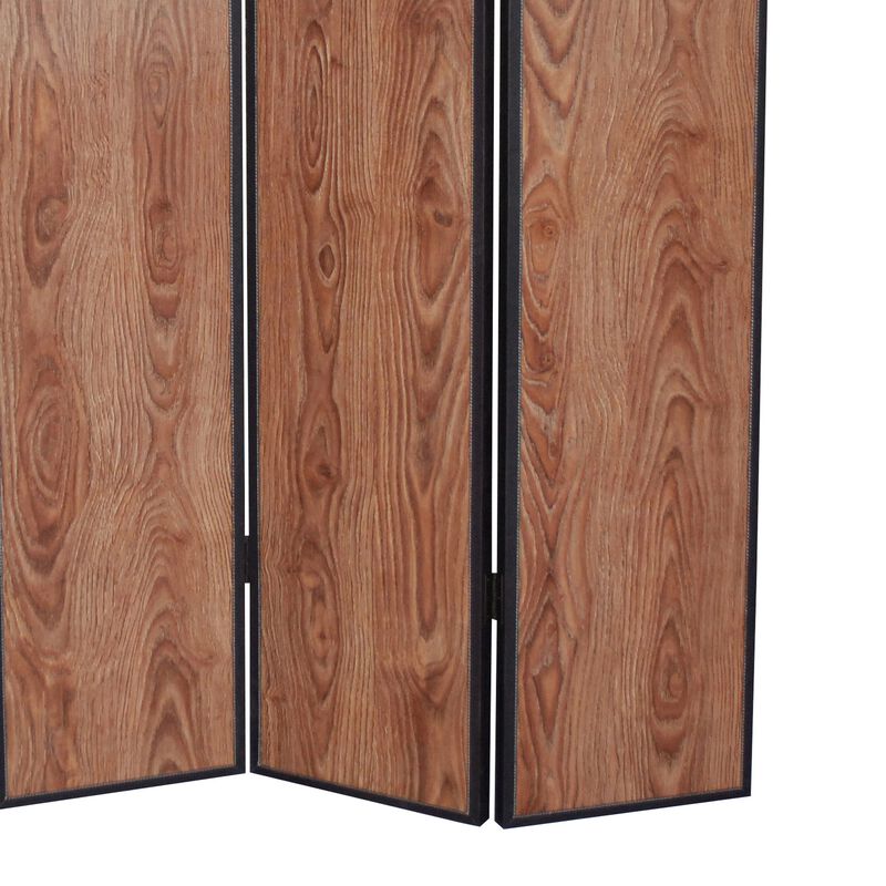 3 Panel Foldable Wooden Screen with Grain Details, Brown-Benzara