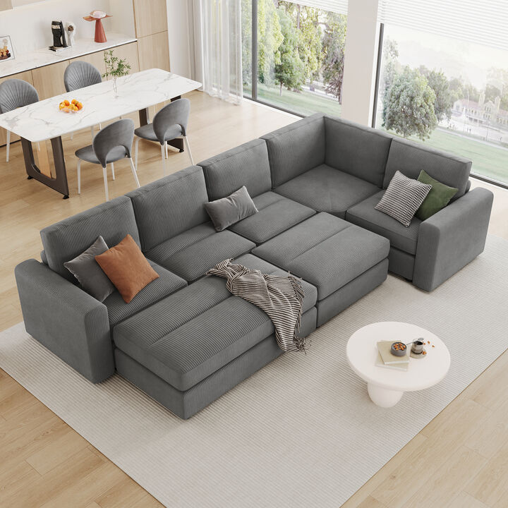 121.3" Sectional Couch Sofa Bed Modular Sofa with Two Movable Ottomans for Living Room, Gray