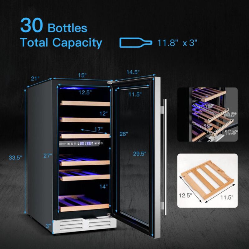 Costway 30-Bottle Freestanding Wine Cooler with Temp Memory and Dual Zones