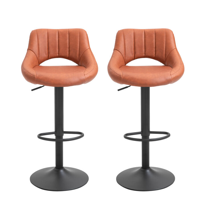 HOMCOM Bar Stools Set of 2, Swivel Bar Height Barstools Chairs with Adjustable Height, Round Heavy Metal Base, and Footrest, Brown