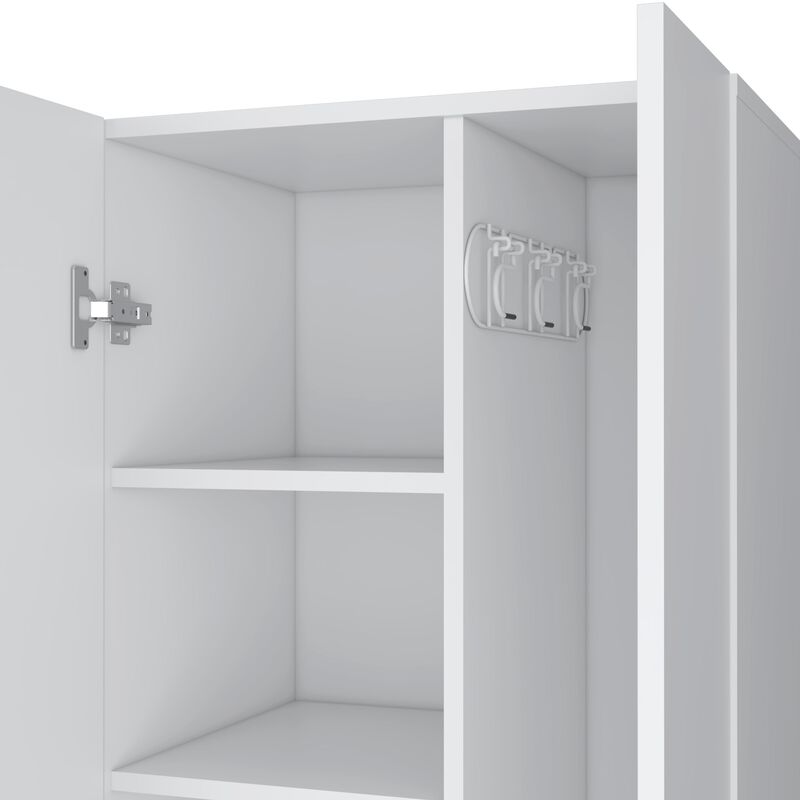 DEPOT E-SHOP Attica Broom Cabinet Double-Door Design with Inner Shelves and Side Hangers, White