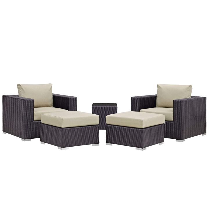 Convene Outdoor Sectional Set - Synthetic Rattan, Aluminum Frame, All-Weather Cushions - Patio Lounge Armchair, Ottoman, Side Table - Espresso Beige