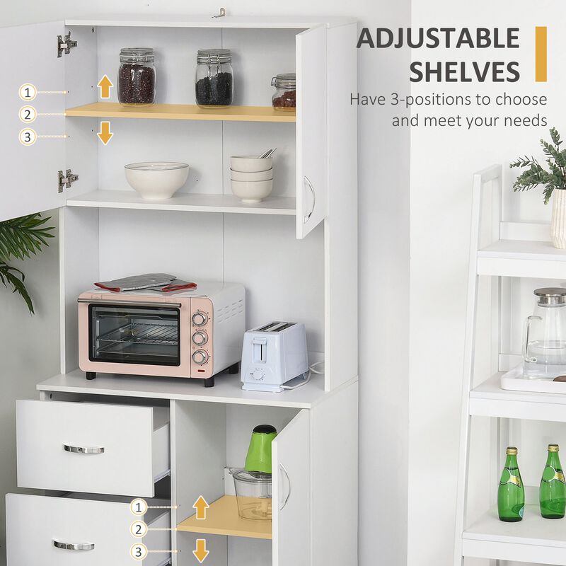 White Kitchen Organizer: Freestanding Hutch Cabinet with Doors and Drawers