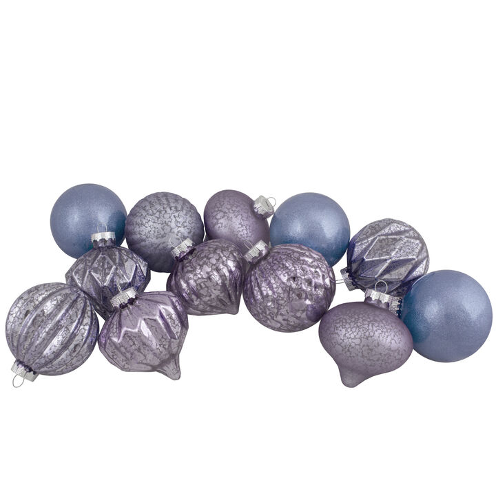 Set of 12 Purple Tone Finial and Glass Ball Christmas Ornaments