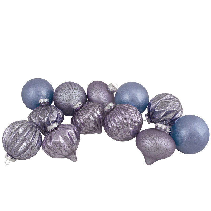 Set of 12 Purple Tone Finial and Glass Ball Christmas Ornaments