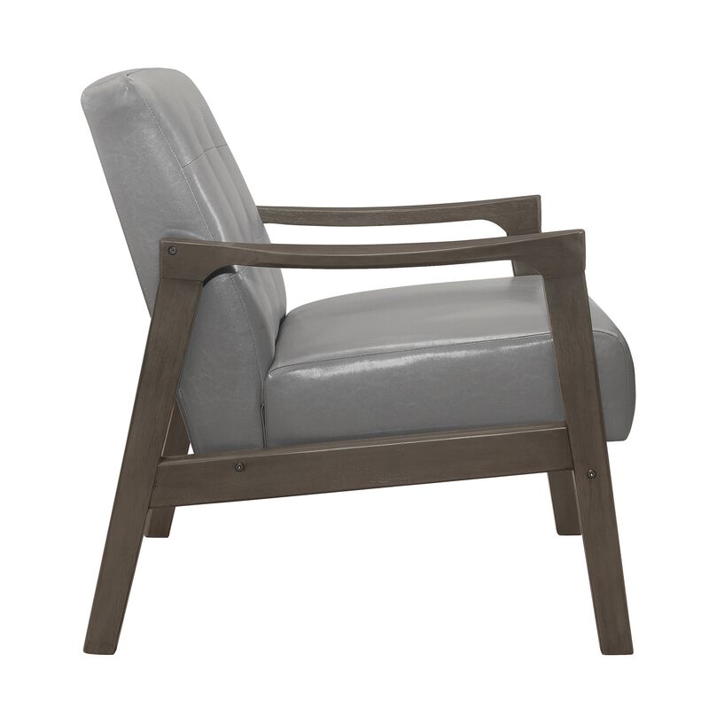 Aly 31 Inch Accent Chair Armchair, Gray Faux Leather, Brown Solid Wood - Benzara