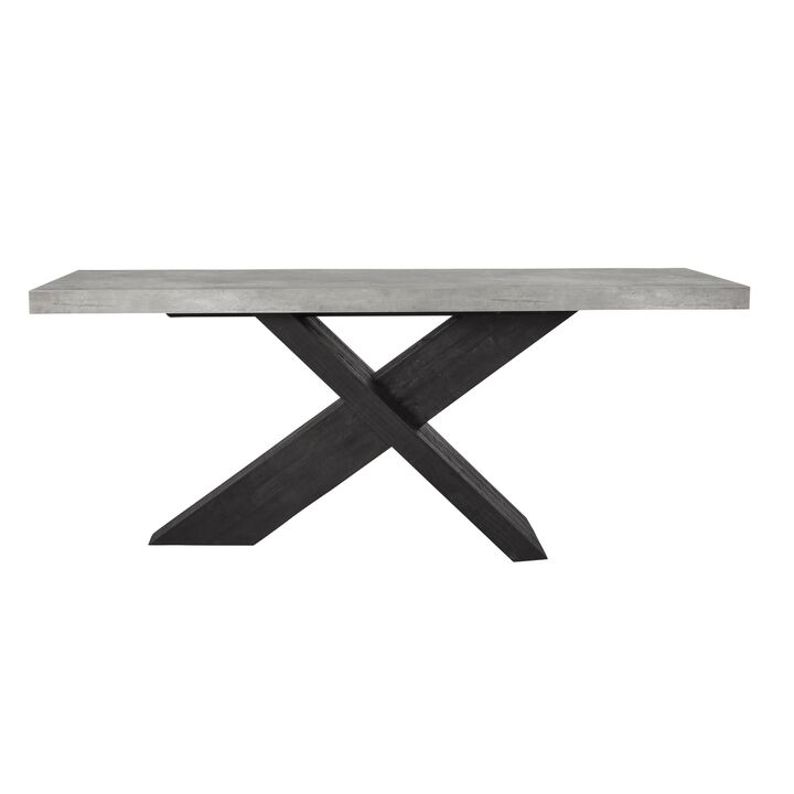 Ren 72 Inch Console Table, Rectangular Top Cross Base, Gray, Black Concrete - Benzara