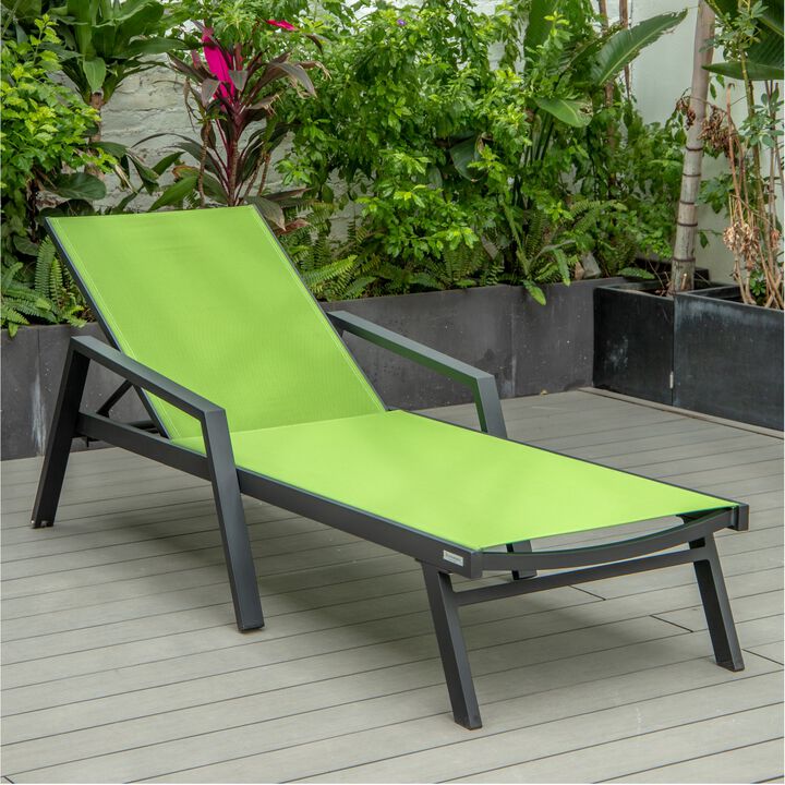 LeisureMod Marlin Patio Chaise Lounge Chair with Armrests – Black Aluminum Frame & Navy Blue Mesh for Outdoor Comfort