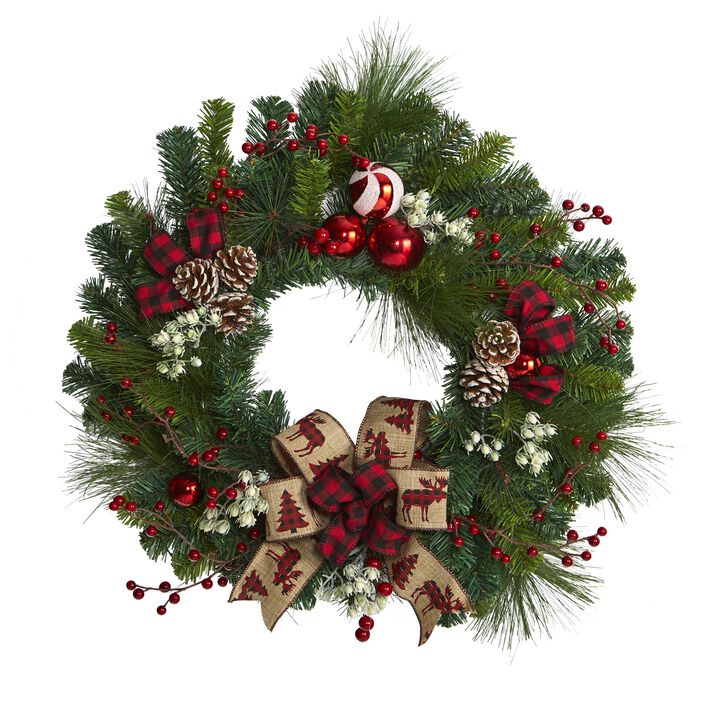 Hivvago 24" Christmas Pine Artificial Wreath with Pine Cones and Ornaments