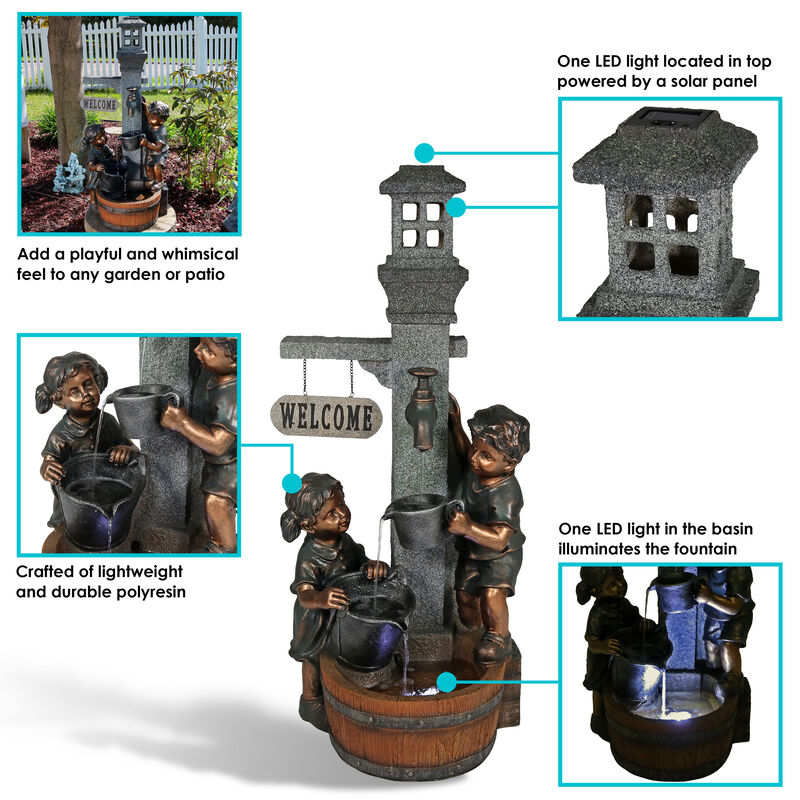 Sunnydaze Children Playing at Faucet Water Fountain with LED Lights - 40 in
