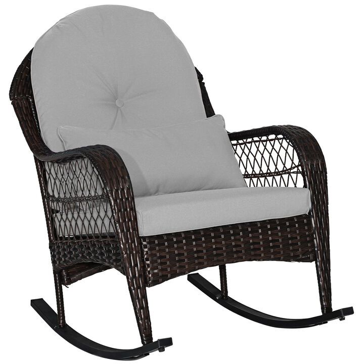 Patio Rattan Rocking Chair with Seat Back Cushions and Waist Pillow
