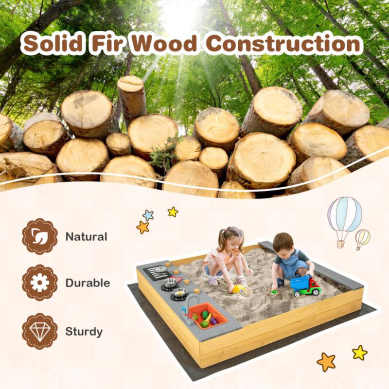 Hivvago Wooden Sandbox Kids Sand Pit with Kitchen Playset Accessories for 3-8 Years Old