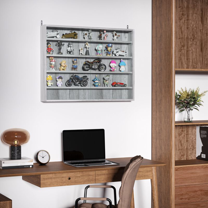 Gray Display Case: 5-Tier Wall-Mounted Glass Cabinet with Doors