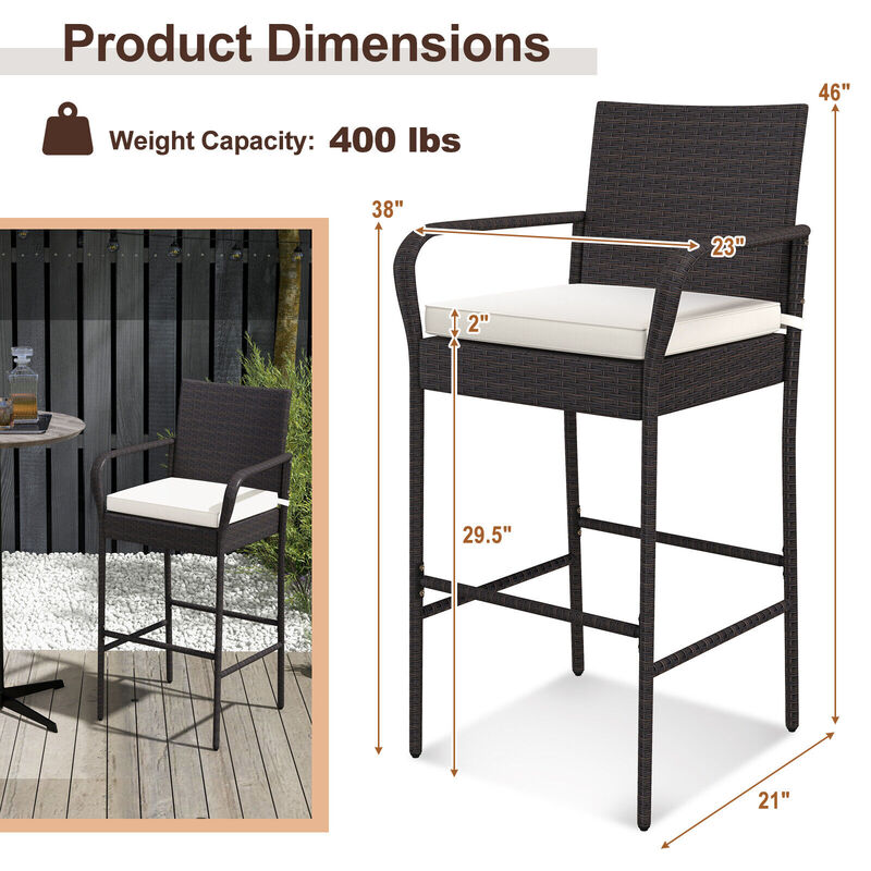 Outdoor PE Rattan Cushioned Barstool Set with Armrests