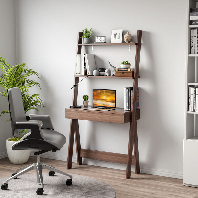 Ladder Shelf Desk Bookcase with Countertop Drawer and 2 Shelves for Home Office Storage and Organization