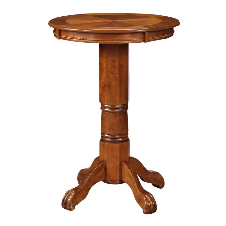 Ava 42 Inch Wood Pub Bar Table, Sunburst Design, Carved Pedestal, Walnut-Benzara