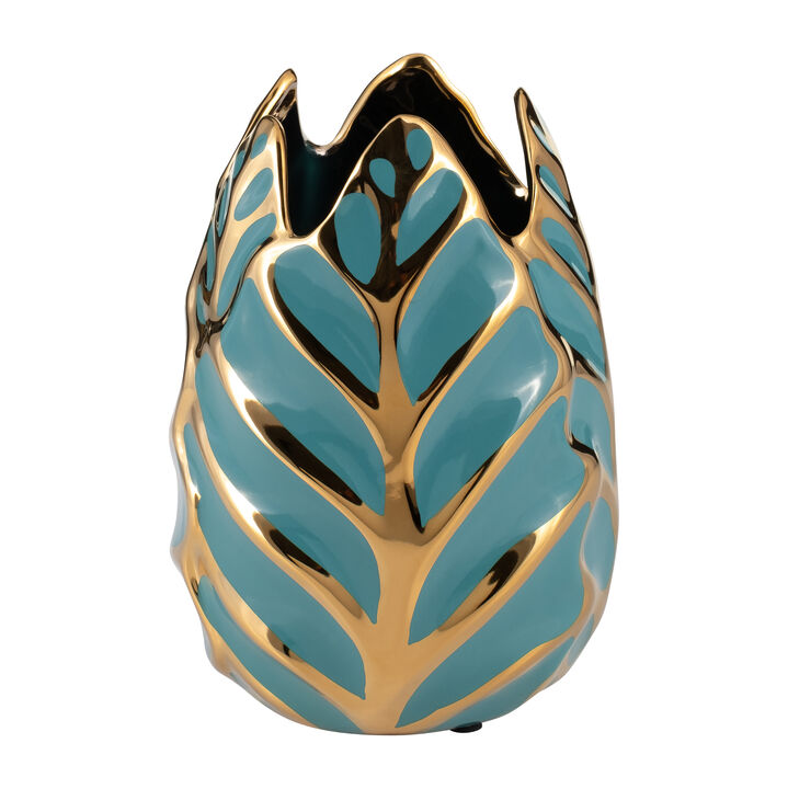 8" Green Round Leaf Gold Vase