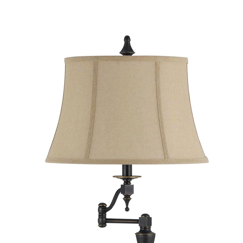 Metal Body Floor Lamp with Fabric Tapered Bell Shade, Beige and Black-Benzara