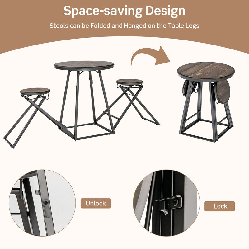 3 Pieces Dining Table Set with 2 Foldable Stools for Small Space-Grey