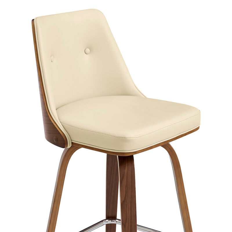 Nolte Swivel Bar Stool in Cream Faux Leather and Walnut Wood