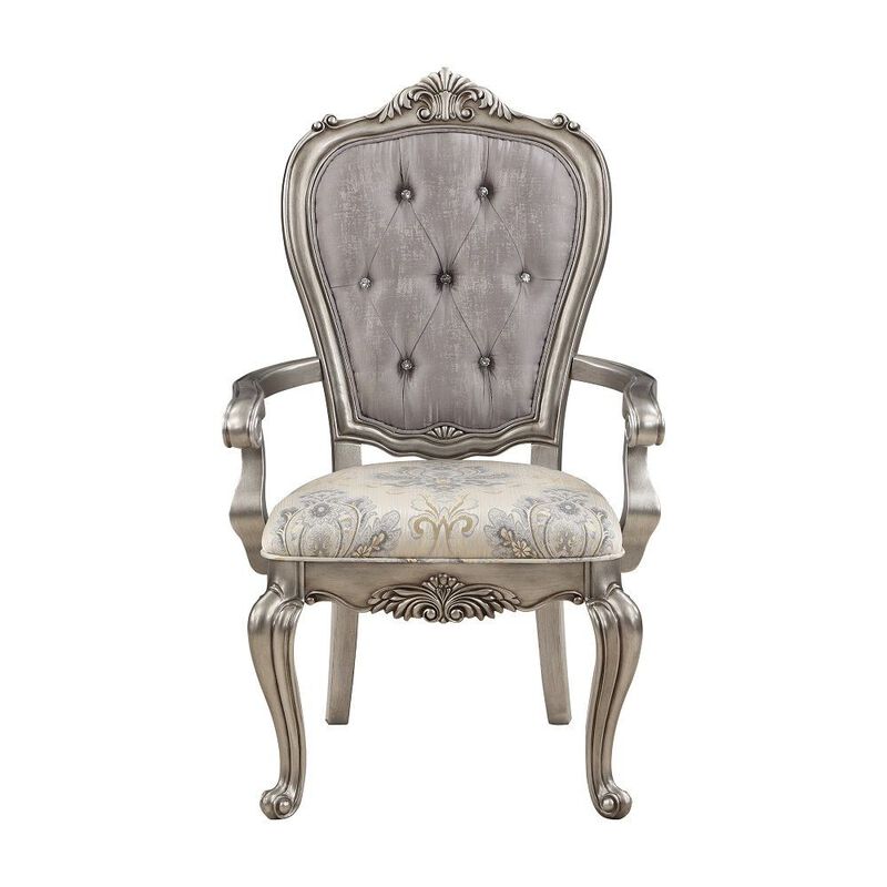 Aria 27 Inch Side Dining Chair Set of 2, Velvet, Antique Platinum Tone - Benzara