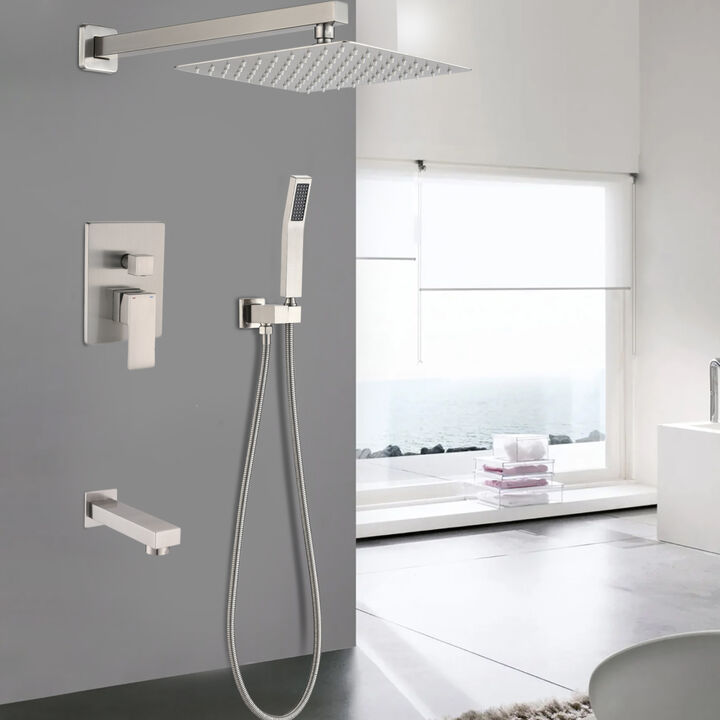 Brushed Nickel Shower System 12 Inch Brass Bathroom Deluxe Rain Mixed Shower Combination Set