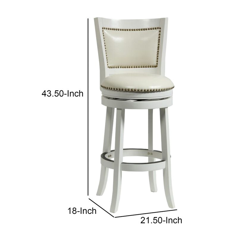 Nailhead Trim Round Leatherette Barstool with Flared Legs, White-Benzara