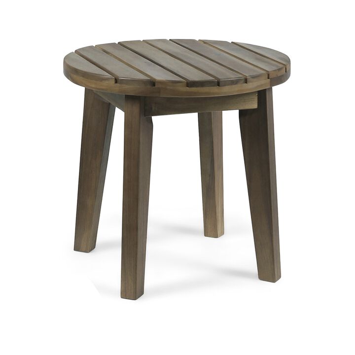 Outdoor Side End Table, Slatted, Tapered Legs 16 Inch Gray Acacia Wood - Benzara